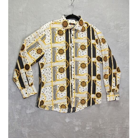 BC Collection Spangled Modern Button Up Long Sleeve Monogram Gold Chain Shirt - Picture 2 of 9